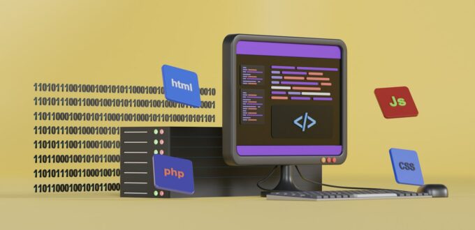 a computer screen with a keyboard and a box with a logo
